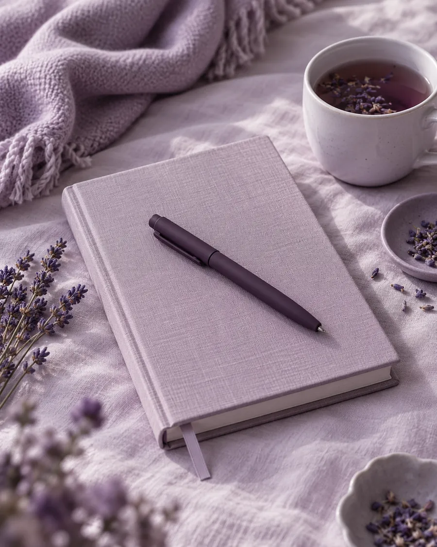 Notes, herbata i lawenda na liliowym lnie – spokojny początek dnia